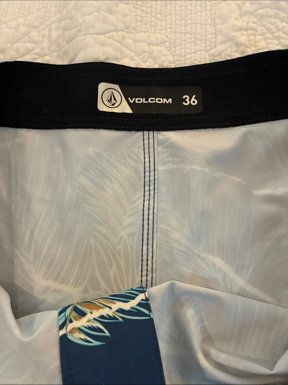 Volcom Teal and Navy Palm-Print Board Trunk Swim Shorts SZ 36